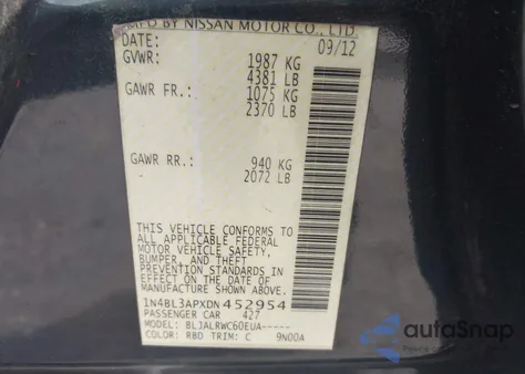 2013 Nissan Altima 3.5S/3.5Sv/3.5Sl из США, поврежденный, VIN 1N4BL3APXDN452954